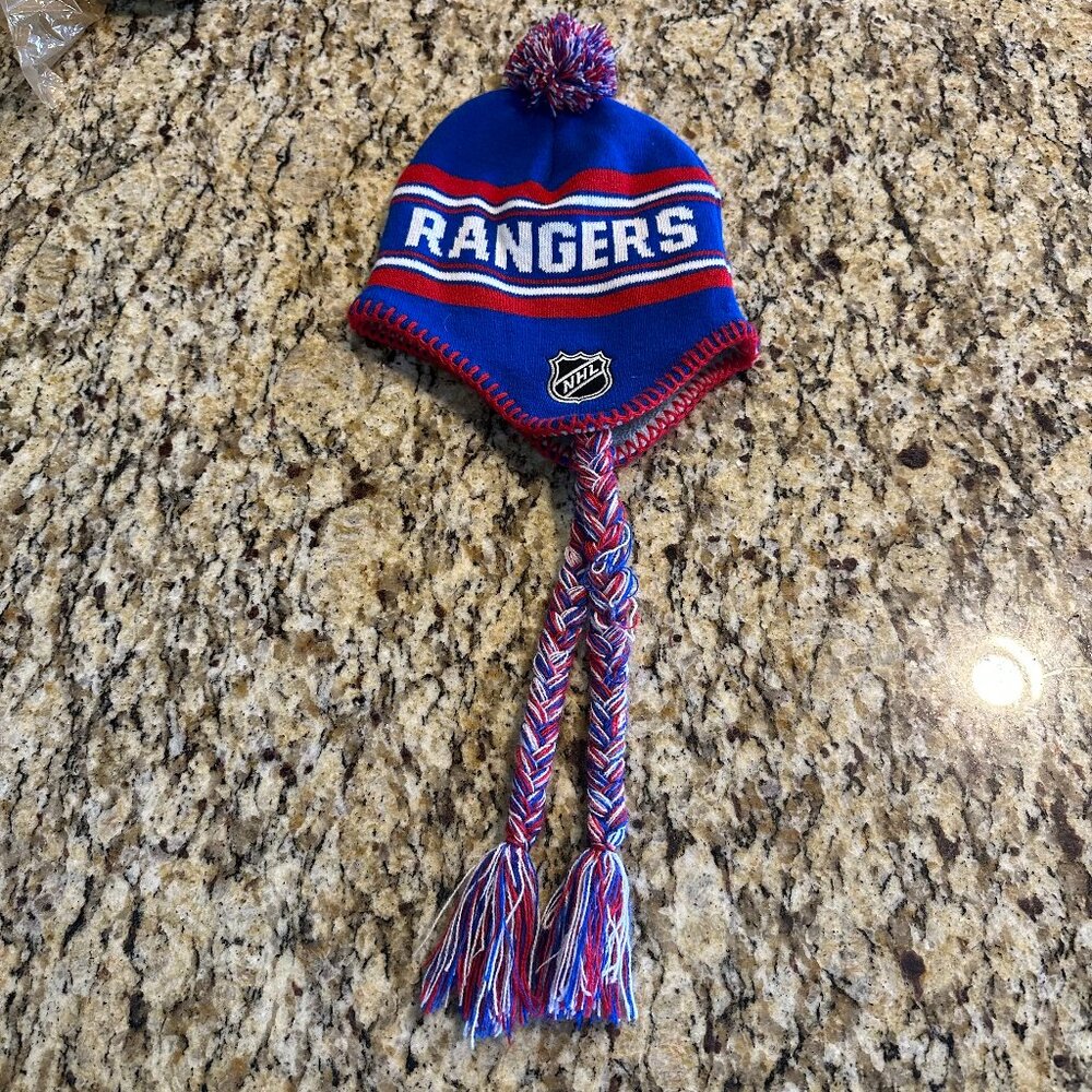 New York Rangers Youth Jacquard Tassel Knit Hat‎ with Pom - Blue